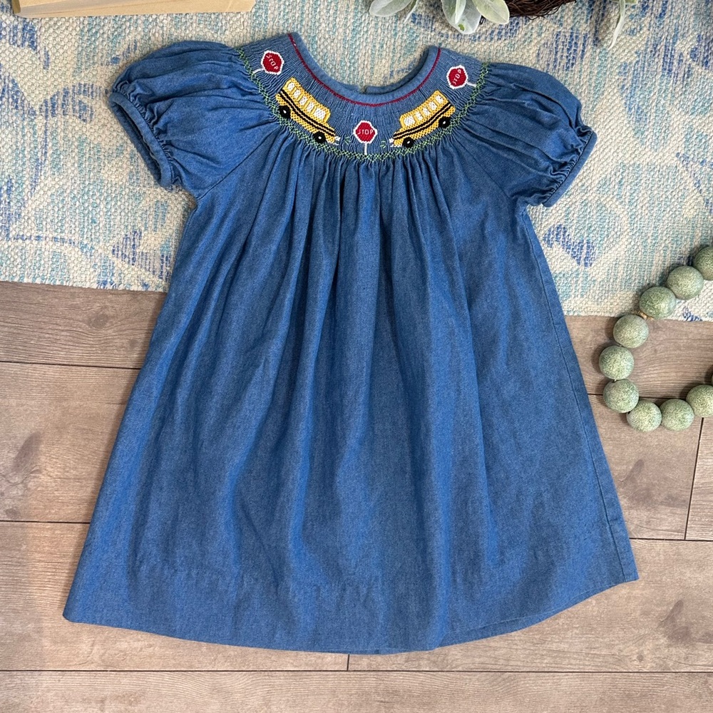 Anavini Girls Hand Smocked School Bus School Bishop Denim Dress Puff Sleeves